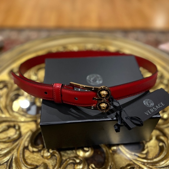 Versace Slim Smooth Red Leather Double Medusa Pendant Buckle Adjustable Belt - Picture 12 of 12